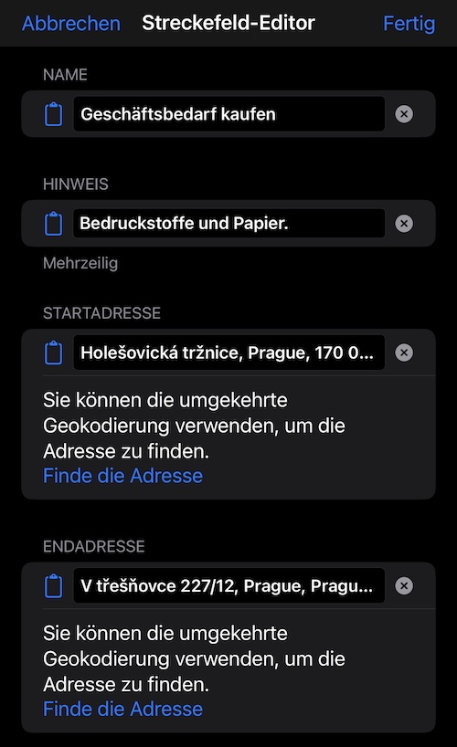 Trackfelder-Editor-Bildschirm