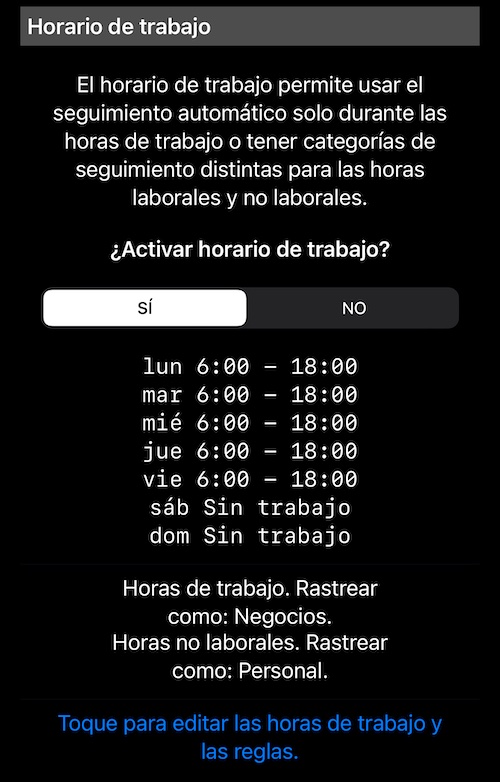 Sección de horario de trabajo