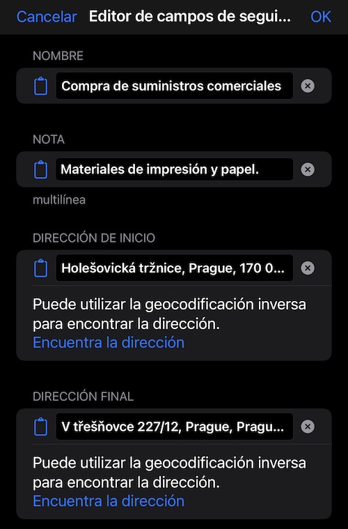 Pantalla del editor de campos de pista
