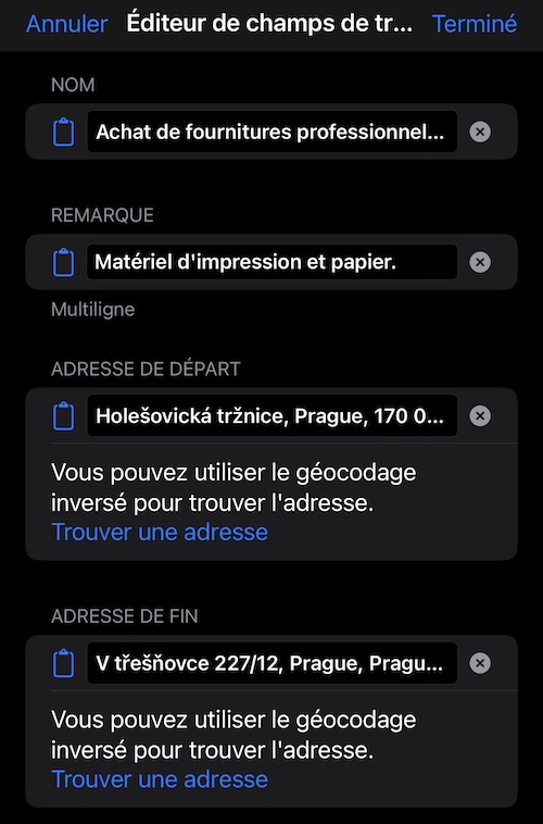 Écran de l&rsquo;éditeur de champs de piste