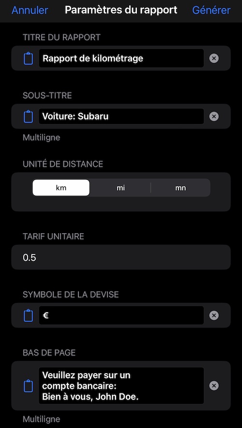 Paramètres du rapport