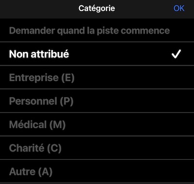 paramètres de suivi, nouvelle catégorie de piste