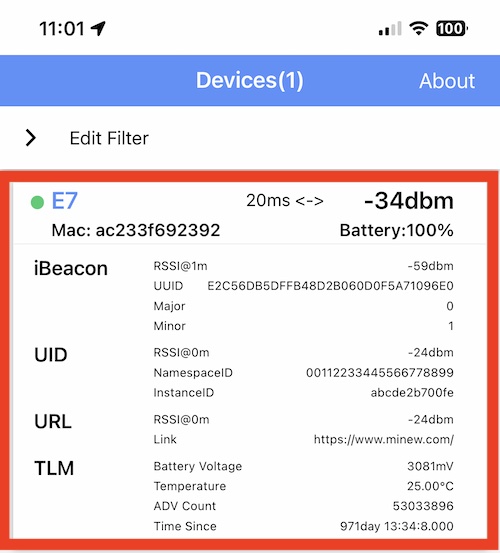 linha de configuração do iBeacon