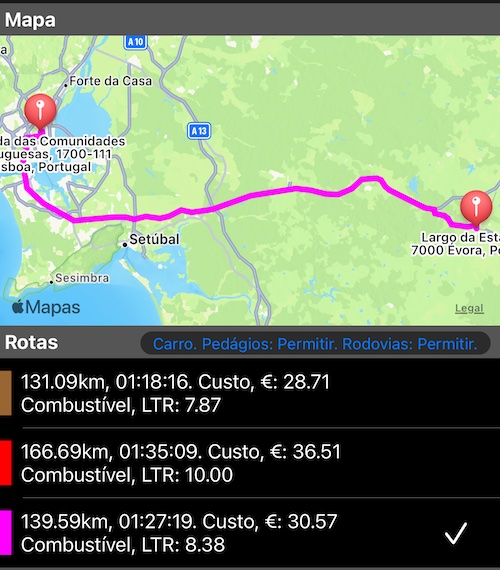 calculadora-milhagem-rota selecionada