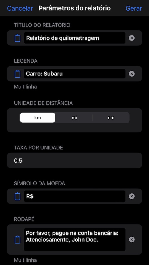 Parâmetros do relatório